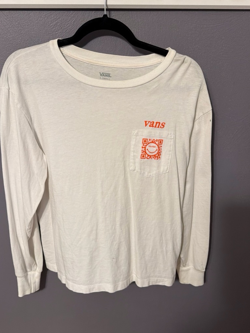 Vans White Long Sleeve Pocket Tee with Orange Chest Logo
